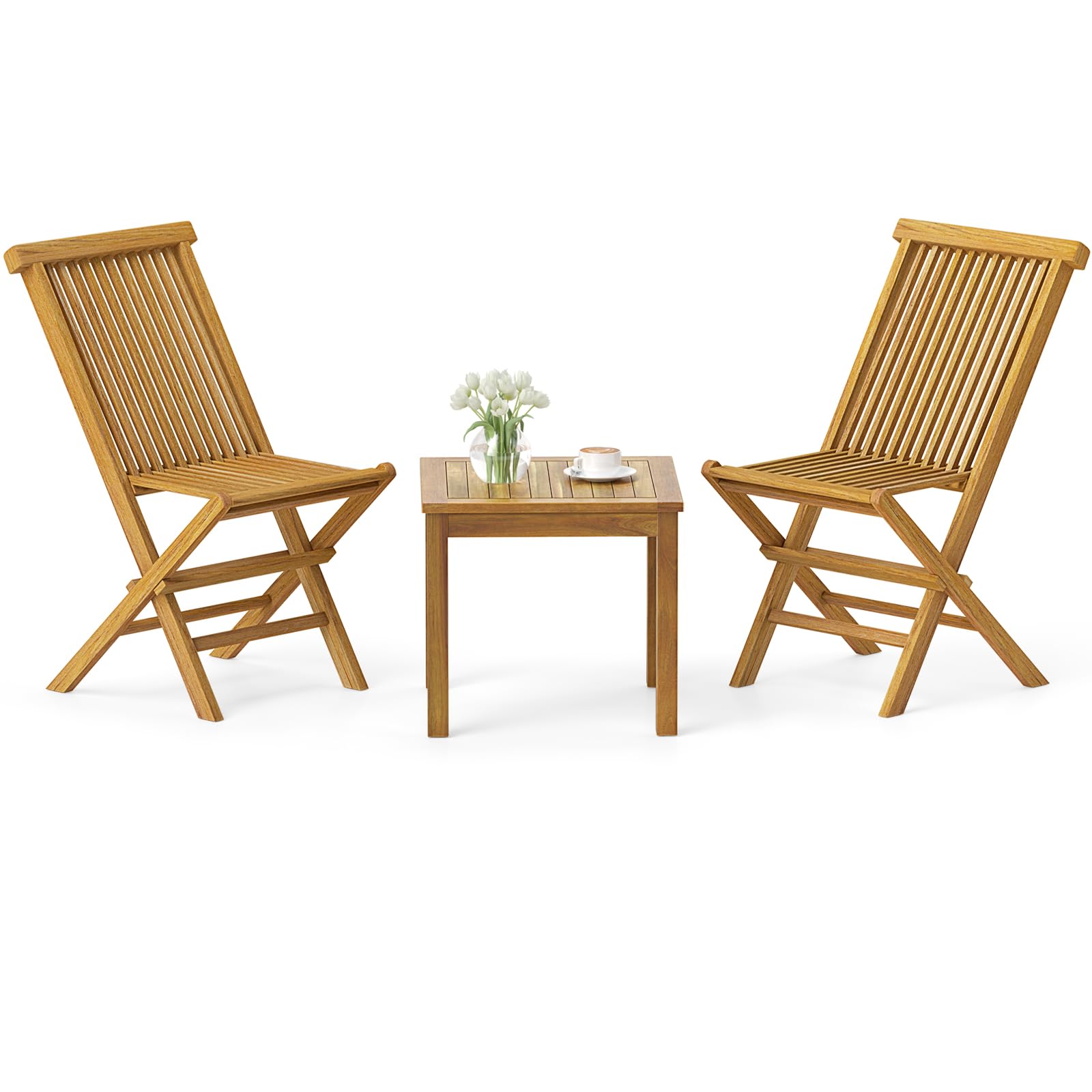 Tangkula Ensemble de bistrot 3 pièces en teck avec 2 chaises pliantes pour extérieur